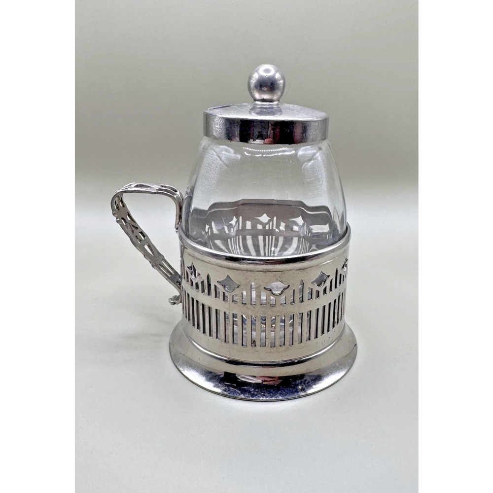 Vtg Royal Rochester 3074 Silver Mug w/ Glass Cup W/ Lid No Spoon Jam Server